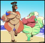  2023 2_tails 4_toes 5_fingers anthro beach big_breasts bikini black_border border breasts buizel cleavage clothed clothing deonwolf digital_media_(artwork) duo eyelashes eyes_closed farigiraf feet female fingers generation_4_pokemon generation_9_pokemon hooves huge_breasts multi_tail nintendo nipple_outline overweight overweight_anthro overweight_female pokemon pokemon_(species) purple_eyes running seaside signature swimwear tail thick_thighs toes wardrobe_malfunction wide_hips 