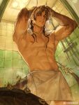  1boy abs absurdres after_bathing aixiwuganda_(20222192) arknights armpits bara chong_yue_(arknights) dragon_horns drying drying_hair from_below highres horns large_pectorals long_hair male_focus multicolored_hair muscular muscular_male navel navel_hair nipples pectorals shower_(place) solo stomach streaked_hair thick_eyebrows topless_male wet 