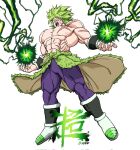  1boy abs angry artist_name bakarott biceps blank_eyes boots bracer broly_(dragon_ball_super) cape commentary dragon_ball dragon_ball_super dragon_ball_super_broly energy english_commentary fingernails full_body fur_cape green_cape green_hair hands_up highres legendary_super_saiyan male_focus muscular muscular_male open_mouth pants pectorals purple_pants round_teeth scar scar_on_cheek scar_on_chest scar_on_face simple_background solo spiked_hair super_saiyan teeth tongue topless v-shaped_eyebrows waist_cape white_background white_footwear 