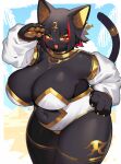  anthro black_body black_fur black_hair blush breasts claws clothed clothing domestic_cat felid feline felis female finger_claws fur hair hi_res kishibe looking_at_viewer mammal pawpads red_eyes solo tail 