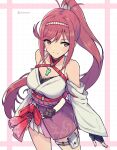  1girl bare_shoulders breasts chest_jewel cleavage core_crystal_(xenoblade) criss-cross_halter detached_sleeves fingerless_gloves glimmer_(xenoblade) gloves halterneck high_ponytail highres japanese_clothes kimono large_breasts long_hair looking_at_viewer mochimochi_(xseynao) obi ponytail red_hair sash smile solo swept_bangs thigh_strap thighs white_kimono wide_sleeves xenoblade_chronicles_(series) xenoblade_chronicles_3 xenoblade_chronicles_3:_future_redeemed 