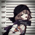  1other barbie_mugshot_(meme) blood blood_on_face brown_hair character_name height_chart height_mark highres holding holding_sign kuzu_suzumi len&#039;en meme mugshot purple_scarf scarf short_hair sign smile turban 