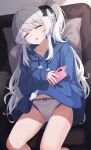  1girl blue_archive blue_hoodie cellphone feet_out_of_frame grey_hair highres holding holding_phone hood hoodie long_hair long_sleeves miyako_(blue_archive) one_side_up panties phone ripnte smartphone solo underwear white_panties 