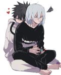  2boys ametaro_(ixxxzu) annoyed barefoot black_hair black_pants black_sweater blue_eyes boku_no_hero_academia burn_scar cheek_piercing controller dabi_(boku_no_hero_academia) game_controller grey_hair heart highres holding holding_controller holding_game_controller hug hug_from_behind jacket male_focus medium_hair multiple_boys multiple_scars pants red_eyes scar scar_on_face shigaraki_tomura short_hair simple_background spiked_hair squiggle staple stapled sweater white_background white_jacket white_pants wrinkled_skin yaoi 