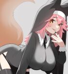  1girl alternate_costume animal_ears ass bent_over black_nails black_panties black_thighhighs breasts brown_eyes commentary_request fate/extra fate_(series) fox_ears fox_girl fox_tail garter_straps grey_background habit highres large_breasts long_hair looking_at_viewer nun open_mouth panties pink_hair simple_background smile solo tail tamamo_(fate) tamamo_no_mae_(fate/extra) thighhighs tsukimi_okayu underwear 