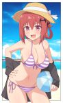  1girl ball bat_hair_ornament beach bikini breasts fang gabriel_dropout hair_ornament hair_rings hat highres large_breasts looking_at_viewer navel nyaroon purple_eyes red_hair satanichia_kurumizawa_mcdowell standing striped striped_bikini swimsuit 