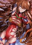  1girl blue_eyes bodysuit breasts brown_hair evangelion:_3.0+1.0_thrice_upon_a_time highres large_breasts long_hair looking_at_viewer lying multicolored_bodysuit multicolored_clothes neon_genesis_evangelion on_back orange_bodysuit plugsuit rebuild_of_evangelion red_bodysuit solo souryuu_asuka_langley torn_bodysuit torn_clothes very_long_hair yagisawa_teru 