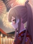 1girl ahoge architecture blurry blurry_background blush brown_eyes brown_hair crossed_bangs east_asian_architecture feather_hair_ornament feathers fireworks from_side hair_ornament highres hololive hololive_english japanese_clothes kimono lantern long_hair looking_down multicolored_hair nanashi_mumei paper_lantern ponytail red_kimono sairen sky star_(sky) starry_sky streaked_hair very_long_hair virtual_youtuber yukata 