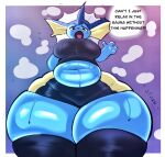  anthro belly big_breasts blue_body bodily_fluids breasts clothed clothing ear_fins eeveelution english_text female fin generation_1_pokemon hi_res inazuma_kat navel nintendo overweight overweight_anthro overweight_female pokemon pokemon_(species) solo steam sweat text thick_thighs vaporeon wide_hips 