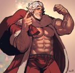  1boy abs arm_hair artist_name bare_pectorals beard biceps blush chest_hair cookie_run eggnog_cookie facial_hair flexing holding holding_sack humanization looking_at_viewer male_focus navel nipples open_clothes pants pectorals red_pants rybiok sack short_hair smile solo white_hair 