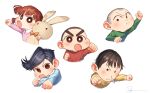  1girl 4boys bald black_hair blue_shirt blush bow bowtie bright_pupils brown_eyes brown_hair character_request crayon_shin-chan cropped_torso green_shirt long_sleeves multiple_boys no_nose orange_bow orange_bowtie pink_shirt punching red_shirt ryota_(ry_o_ta) shadow shirt short_hair signature simple_background snot stuffed_animal stuffed_rabbit stuffed_toy very_short_hair white_background white_pupils yellow_shirt 