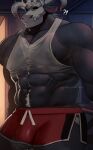  abs anthro big_muscles body_hair bone bottomwear bulge clothing crop_top front_view happy_trail hi_res horn horror_himbos male monster muscular muscular_male pecs shirt shorts skull skull_head solo topwear white_body 