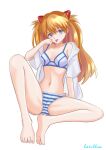  1girl :p absurdres artist_name bacillus barefoot blue_bra blue_eyes blue_panties bra breasts cameltoe closed_mouth collarbone collared_shirt commentary dress_shirt full_body highres ibispaint_(medium) interface_headset knee_up long_hair looking_at_viewer medium_breasts navel neon_genesis_evangelion off_shoulder open_clothes open_shirt orange_hair paid_reward_available panties shirt signature simple_background sitting solo souryuu_asuka_langley spread_legs striped striped_panties tongue tongue_out two-tone_bra two-tone_panties underwear white_background white_bra white_panties white_shirt 