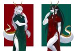  2023 absurd_res anthro antlers chimo205 clothed clothing dragon dress duo eastern_dragon fingers fur green_clothing green_dress hi_res horn multicolored_clothing multicolored_dress red_clothing red_dress tail white_arms white_ears white_fingers white_hands white_legs white_tail 