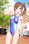  1girl absurdres blue_eyes blue_one-piece_swimsuit blue_sky breasts brown_hair chair cloud competition_swimsuit covered_navel day floral_print hair_ornament hair_scrunchie high_school_fleet highleg highleg_swimsuit highres ise_sakura long_hair looking_at_viewer medium_breasts multicolored_clothes multicolored_swimsuit one-piece_swimsuit outdoors plant potted_plant scrunchie side_ponytail sky solo standing swimsuit takafumi variant_set 