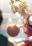  1girl ahoge alternate_costume animal_ears ball basketball basketball_(object) basketball_uniform black_hair blonde_hair blue_hair blurry blurry_background blurry_foreground collarbone commentary fox_ears fox_girl from_side highres holding holding_ball hololive indoors looking_to_the_side multicolored_hair official_alternate_hair_length official_alternate_hairstyle omaru_polka parted_lips people pink_hair playing_sports profile purple_eyes solo_focus sportswear streaked_hair sweat sweatband virtual_youtuber wristband yami_ara 