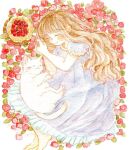  1girl animal arched_bangs barefoot blush brown_hair cat closed_eyes closed_mouth dress flower food fruit long_hair lying oniheya_53 original painting_(medium) short_sleeves sleeping solo strawberry traditional_media watercolor_(medium) white_cat white_dress 