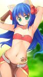  1girl animal_ear_fluff animal_ears armpits bangs bikini bikini_top_only blue_hair blurry blurry_background blush bow brown_gloves cat_ears closed_mouth commentary_request contrapposto cowboy_shot elbow_gloves emurin expressionless flat_chest gloves green_background green_eyes hair_bow highres long_hair looking_at_viewer mage_(ragnarok_online) majiko_(emurin) midriff multiple_hair_bows navel no_capelet paw_print_tattoo pelvic_curtain ragnarok_online red_bikini red_bow red_skirt showgirl_skirt skirt solo star-shaped_pupils star_(symbol) strapless strapless_bikini sweat swimsuit symbol-shaped_pupils 