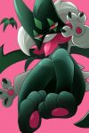  ambiguous_gender anthro barefoot feet felid feline foot_focus fur generation_9_pokemon get_it_go girly grass green_body green_fur hi_res mammal mask meowscarada nintendo pawpads paws pink_background pink_paws plant pokemon pokemon_(species) red_eyes simple_background soles solo 