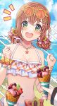  1girl bikini bow bracelet breasts cleavage commentary_request eyewear_on_head food frilled_bikini frills green_eyes hair_bow hair_ornament highres honma_himawari honma_himawari_(13th_costume) ice_cream jewelry kashiwagi_touko necklace nijisanji open_mouth orange_hair scrunchie short_twintails solo star_(symbol) star_necklace sunglasses swimsuit twintails virtual_youtuber white_bikini wrist_scrunchie x_hair_ornament 