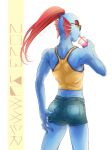  2023 animal_humanoid back_muscles beverage blue_body blue_skin bottomwear butt clothing cutoffs denim denim_bottomwear denim_clothing ear_frill eyewear female fish fish_humanoid frill_(anatomy) hair hi_res humanoid marine marine_humanoid micchan_sense midriff rear_view red_hair shorts solo sunglasses undertale_(series) undyne 