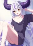  1girl absurdres arm_behind_head between_breasts black_shirt blush bottomless braid breasts cleavage collarbone demon_girl demon_horns grey_hair highres hololive horns indoors la+_darknesss legs long_hair minase03mio multicolored_hair open_mouth pointy_ears purple_hair shirt short_sleeves single_bare_shoulder sitting solo streaked_hair striped_horns very_long_hair virtual_youtuber yellow_eyes 