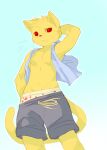  anthro athletic athletic_anthro clothing domestic_cat felid feline felis hair looking_at_viewer male mammal pose red_eyes simple_background solo standing tderek99 yellow_body 