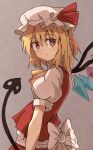  1girl absurdres ascot back_bow blonde_hair bow closed_mouth cowboy_shot crystal dot_mouth dot_nose flandre_scarlet from_side hat highres laevatein_(touhou) large_bow looking_at_viewer looking_to_the_side medium_hair mob_cap multicolored_wings pointy_ears puffy_short_sleeves puffy_sleeves red_eyes red_skirt red_vest shirt short_sleeves skirt skirt_set solo tksand touhou vest white_bow white_headwear white_shirt wings yellow_ascot 