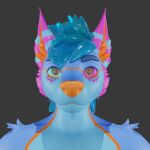  anthro blank_stare blue_hair bust_portrait canid canine canis close-up ear_tuft eyebrows fluffy fur fur_markings grey_background hair heterochromia hi_res inner_ear_fluff looking_at_viewer male mammal markings mullet multicolored_body multicolored_fur orange_inner_ear orange_inner_ear_fluff orange_nose portrait shoulder_tuft simple_background slime solo tidewolfia tuft wavy_hair wolf wolf_ears 
