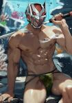  1boy abs algernon_(housamo) bara bulge camouflage_swimsuit colored_sclera feet_out_of_frame helmet holding large_pectorals looking_ahead male_focus male_swimwear muscular muscular_male navel nipples official_alternate_costume pectorals print_male_swimwear red_eyes solo stomach tass_commuovere thick_thighs thighs tokyo_afterschool_summoners topless_male underwater v-taper yellow_sclera 