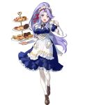  1girl detached_collar dress fire_emblem fire_emblem:_genealogy_of_the_holy_war fire_emblem_heroes frilled_dress frills full_body highres long_dress long_hair maid maid_headdress non-web_source official_art ponytail puffy_short_sleeves puffy_sleeves purple_eyes purple_hair shoes short_sleeves solo tailtiu_(fire_emblem) urata_asao 