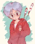  1boy badge brown_eyes button_badge franklin_badge freckles grey_hair holding_fireworks hood hooded_jacket jacket lloyd_(mother) male_focus mother_(game) mother_1 nyaasu_nekoban open_mouth red_jacket round_eyewear shirt sleeves_past_wrists solo white_background white_shirt 