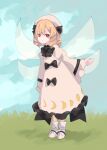  1girl black_bow blonde_hair bow closed_mouth dress dress_bow drill_hair drill_sidelocks fairy_wings full_body grass highres looking_at_viewer luna_child one-hour_drawing_challenge outdoors red_eyes sidelocks sky solo standing tohoyuukarin touhou white_dress white_footwear white_headwear wings 