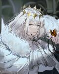  1boy absurdres arthropod_boy blue_eyes bug butterfly cloak crown diamond_hairband fate/grand_order fate_(series) fur-trimmed_cloak fur_trim highres insect_on_finger long_sleeves maidhao male_focus medium_hair no_wings oberon_(fate) signature smile solo upper_body white_cloak white_hair 