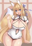  1girl :d animal_ear_fluff blue_eyes blue_ribbon blush breasts china_dress chinese_clothes claw_pose cleavage clothing_cutout cowboy_shot dress fingernails fox_girl fox_tail hair_between_eyes hair_ribbon highres large_breasts long_hair looking_at_viewer microdress navel navel_cutout open_mouth original pink_nails ribbon smile sogaya solo tail thick_thighs thigh_gap thighs very_long_hair white_dress 