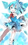  1girl blue_bow blue_dress blue_eyes blue_hair bow bowtie cirno commentary_request dress frilled_dress frills hair_between_eyes hair_bow highres ice ice_wings light_blush looking_at_viewer medium_hair open_mouth outstretched_arm puffy_short_sleeves puffy_sleeves red_bow red_bowtie short_sleeves simple_background solo touhou white_background wings xxxx_saki 