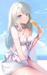  1girl bare_arms bare_legs bare_shoulders blush breasts choker day earrings flower food grey_hair hair_flower hair_ornament highres holding holding_food jewelry kantai_collection long_hair ocean one-piece_swimsuit open_mouth popsicle purple_eyes ranran_3939 sagiri_(kancolle) small_breasts smile solo swimsuit white_choker white_flower white_one-piece_swimsuit 