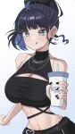  1girl :q absurdres ahoge bare_shoulders bead_bracelet beads belt black_belt black_hair black_pants black_shirt blue_eyes blue_hair bracelet breasts chain_necklace character_name cleavage cleavage_cutout clothing_cutout colored_inner_hair crop_top cup disposable_cup earrings high_ponytail highres holding holding_cup jewelry kson large_breasts midriff multicolored_hair narrow_waist navel necklace nyu-tan94 official_alternate_costume pants shirt short_hair simple_background solo stomach streaked_hair stud_earrings tongue tongue_out turtleneck virtual_youtuber vshojo white_background 
