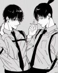  2boys black_hair black_necktie black_pants chainsaw_man chest_belt cigarette collared_shirt earrings grey_background greyscale hand_on_own_neck hayakawa_aki highres holding holding_cigarette jewelry looking_at_viewer mole mole_under_mouth monochrome multiple_boys namida_a2 necktie pants shirt shirt_tucked_in short_hair sideways_glance simple_background smile stud_earrings white_shirt yoshida_hirofumi 