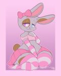  anthro clothing frumples girly heterochromia hi_res lagomorph legwear leporid male mammal pink_clothing rabbit solo stockings thick_thighs wide_hips 