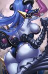  1girl ass astaroth_(shinrabanshou) back blue_hair blue_skin breasts bridal_gauntlets colored_skin demon_girl demon_tail earrings from_behind heart heart_earrings highres hikari_(komitiookami) horns jewelry large_breasts long_hair pointy_ears shinrabanshou shiny_skin sideboob solo standing tail wings 