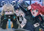  4girls :d ahoge black_gloves black_hair black_jacket blonde_hair blue_archive blue_eyes blush can chihiro_(blue_archive) collared_shirt drinking glasses gloves green_eyes grey_hair hair_between_eyes hair_ornament hairclip halo hand_on_own_cheek hand_on_own_face handheld_game_console hare_(blue_archive) head_rest hiiragi_akio holding hood hood_down hooded_jacket id_card indoors jacket kotama_(blue_archive) long_hair long_sleeves looking_at_viewer maki_(blue_archive) monitor multiple_girls nintendo_switch official_art open_clothes open_jacket open_mouth playing_games purple_eyes red_hair shirt short_hair sitting smile soda_can sweatdrop video_game white_shirt 