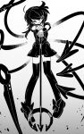  1girl ahoge asymmetrical_wings bow commentary dress floating footwear_bow full_body gradient_background greyscale grin hair_between_eyes hair_over_one_eye head_tilt highres holding holding_polearm holding_weapon houjuu_nue ichirugi long_bangs long_hair looking_at_viewer mary_janes monochrome polearm shoes short_dress short_sleeves smile solo thighhighs touhou trident weapon wings wristband zettai_ryouiki 