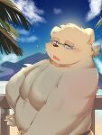  3:4 anthro bear belly blush cigarette clothing eyewear fur glasses hair hi_res komu_san8 leib_(tas) lifewonders male mammal musclegut navel night nipples palm_tree pecs plant polar_bear ponytail shirtless smoking solo speedo swimwear tokyo_afterschool_summoners tree ursine white_body white_fur 