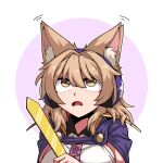 1girl animal_ear_fluff animal_ears blush breasts cape formicid hair_between_eyes headphones holding kemonomimi_mode large_breasts light_brown_hair open_mouth portrait purple_cape ritual_baton short_hair sideboob solo touhou toyosatomimi_no_miko yellow_eyes 