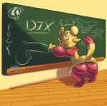  2023 anthro backsack balls butt chalk chalkboard chalkboard_eraser english_text evil_grin fur generation_5_pokemon genitals male mienfoo mincheeto nintendo penis_drawing pink_body pink_fur pokemon pokemon_(species) profanity smile solo text tic-tac-toe yellow_body yellow_fur 