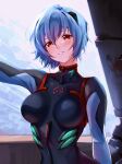  1girl absurdres ayanami_rei blue_eyes blue_hair blush bodysuit breasts grin highres interface_headset looking_at_viewer medium_breasts mtoan neon_genesis_evangelion plugsuit red_eyes short_hair sky smile solo 