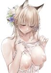  1girl animal_ear_fluff animal_ears blonde_hair breasts commentary covered_nipples covering eyelashes flower fox_ears fox_girl hair_between_eyes hair_flower hair_ornament half-closed_eyes hand_on_own_chest highres jewelry large_breasts long_hair looking_down nipples nude_cover original parted_lips puffy_nipples ring see-through shizu-chan simple_background solo symbol-only_commentary towel upper_body wedding_ring wet wet_towel white_background yellow_eyes yukibuster_z 