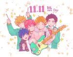  5boys bibibimix39 black_hair black_jacket blonde_hair eating floral_background food given guitar holding holding_food holding_instrument holding_pocky hood hoodie instrument jacket kashima_hiiragi_(given) male_focus multiple_boys open_clothes open_jacket pink_hoodie pocky pocky_day red_hair satou_mafuyu shirt sparkle_background uenoyama_ritsuka white_background white_shirt yagi_shizusumi_(given) yoshida_yuki_(given) 