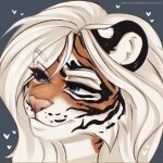  alivion anthro blue_eyes felid female fluffy fur fur_markings hair long_hair mammal markings orange_body orange_fur pantherine pink_nose smile solo sukena tiger tuft white_hair 